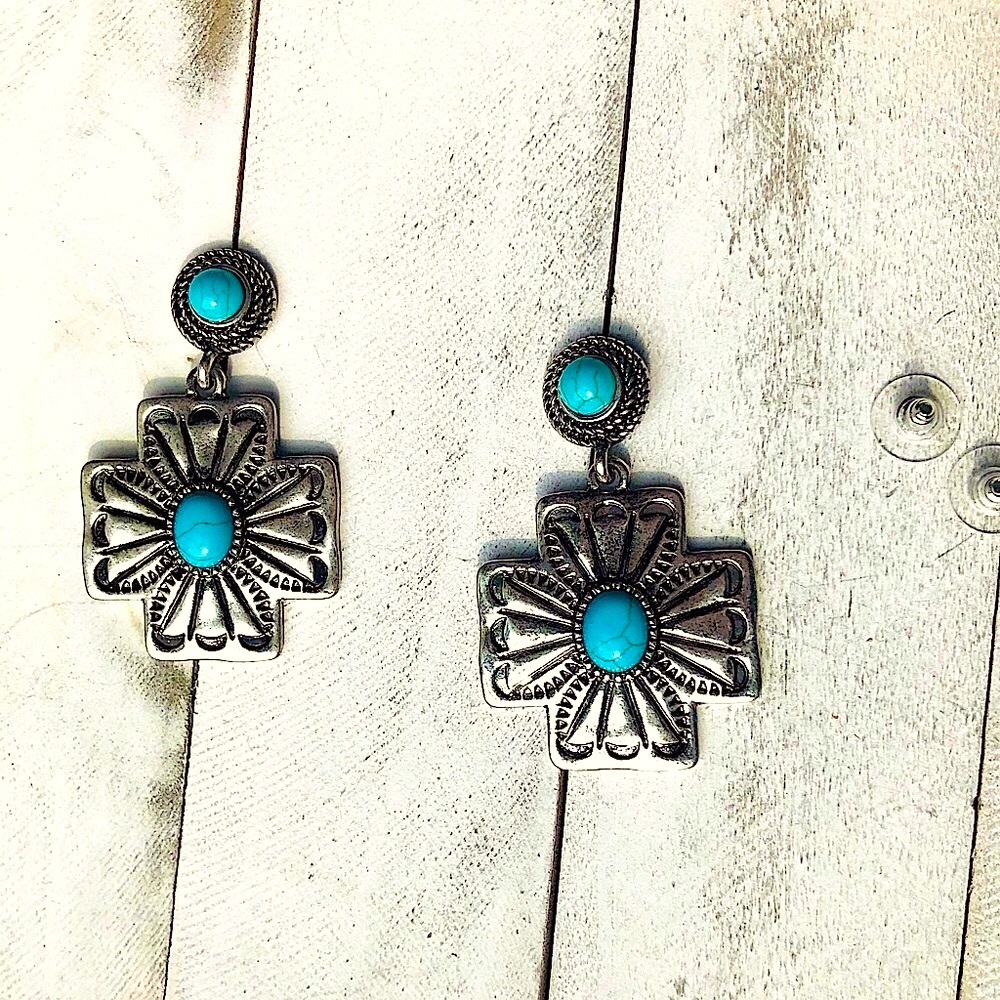 TURQUOISE & SILVER SANTA FE CROSS EARRINGS. LAST PAIR